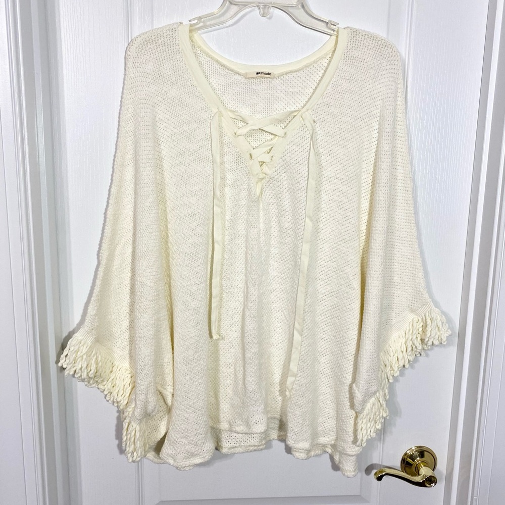 NEW LAmade Lace-Up Fringe Knit Poncho Sweater Large USA MADE (FLAW)